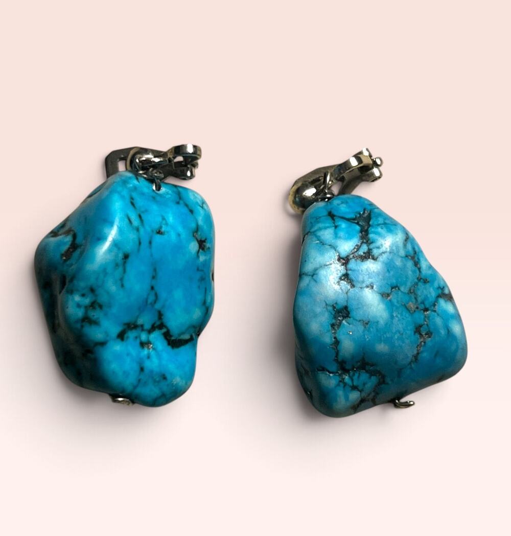 Vintage Southwestern Turquoise Nugget Clip-On Earrings – Chunky Stone
